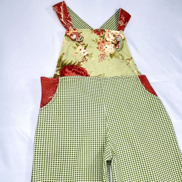Vintage Boho Neutral Gingham Green Floral Cropped Overalls Romper Small / 5 - 6 - Picture 12 of 14